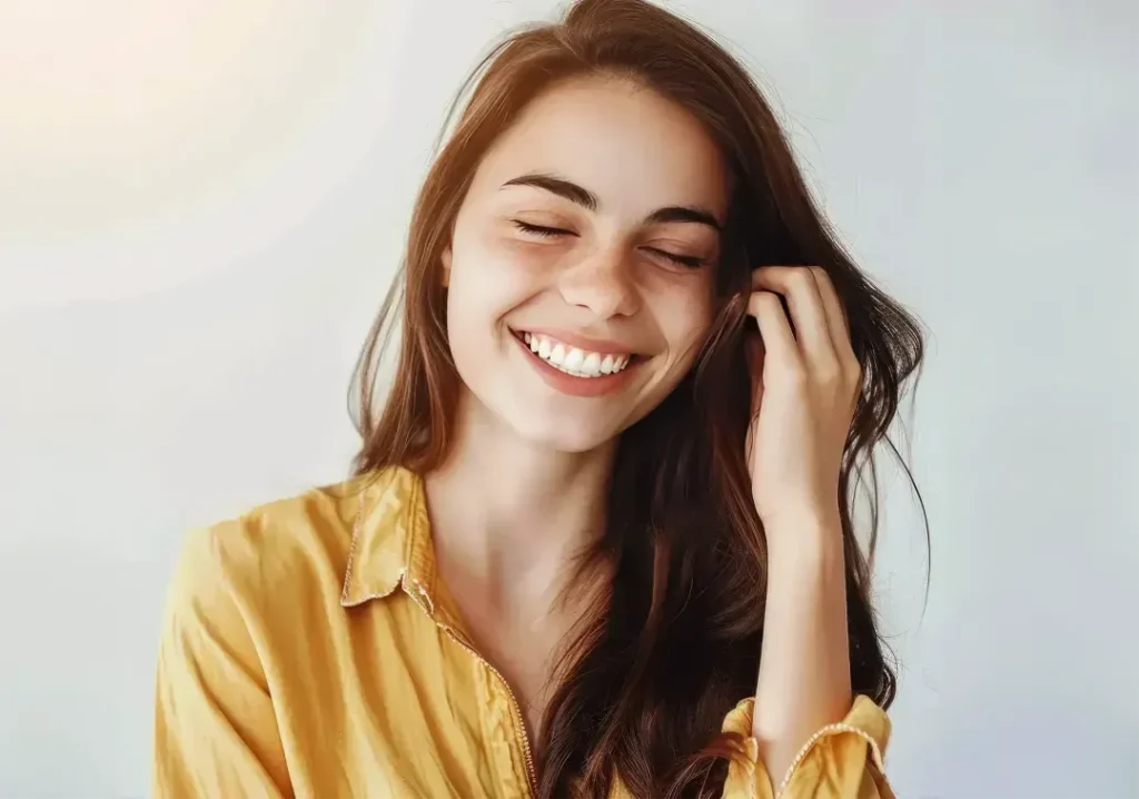 En dame med brunt hår smiler og viser frem tennene sine. Hun har på seg en gul genser og holder hånden opp mot håret sitt.